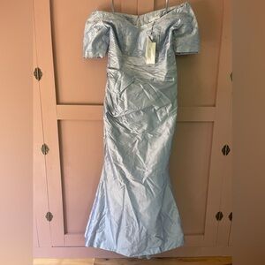 NWT MARISA BARATELLI 100% THAI SILK GOWN MOTB Sz 10 Blue Dawn Off Shoulder $920